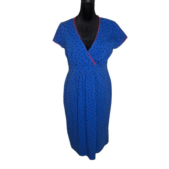 Boden Dresses & Skirts - Boden Blue Cotton Polka Dot Short Sleeve V-Neck Mini Dress with Red Trim Size 8